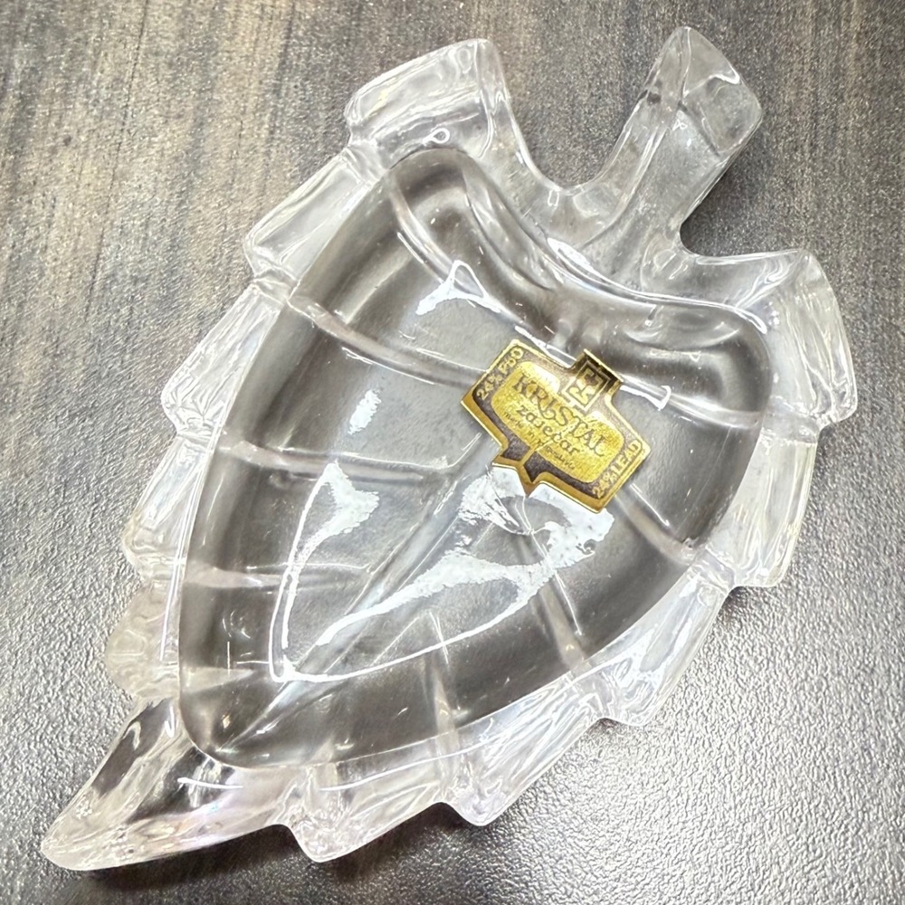 Vintage Kristal Zajecar Leaf Dish 24% Lead Crystal Trinket Bowl Yugoslavia